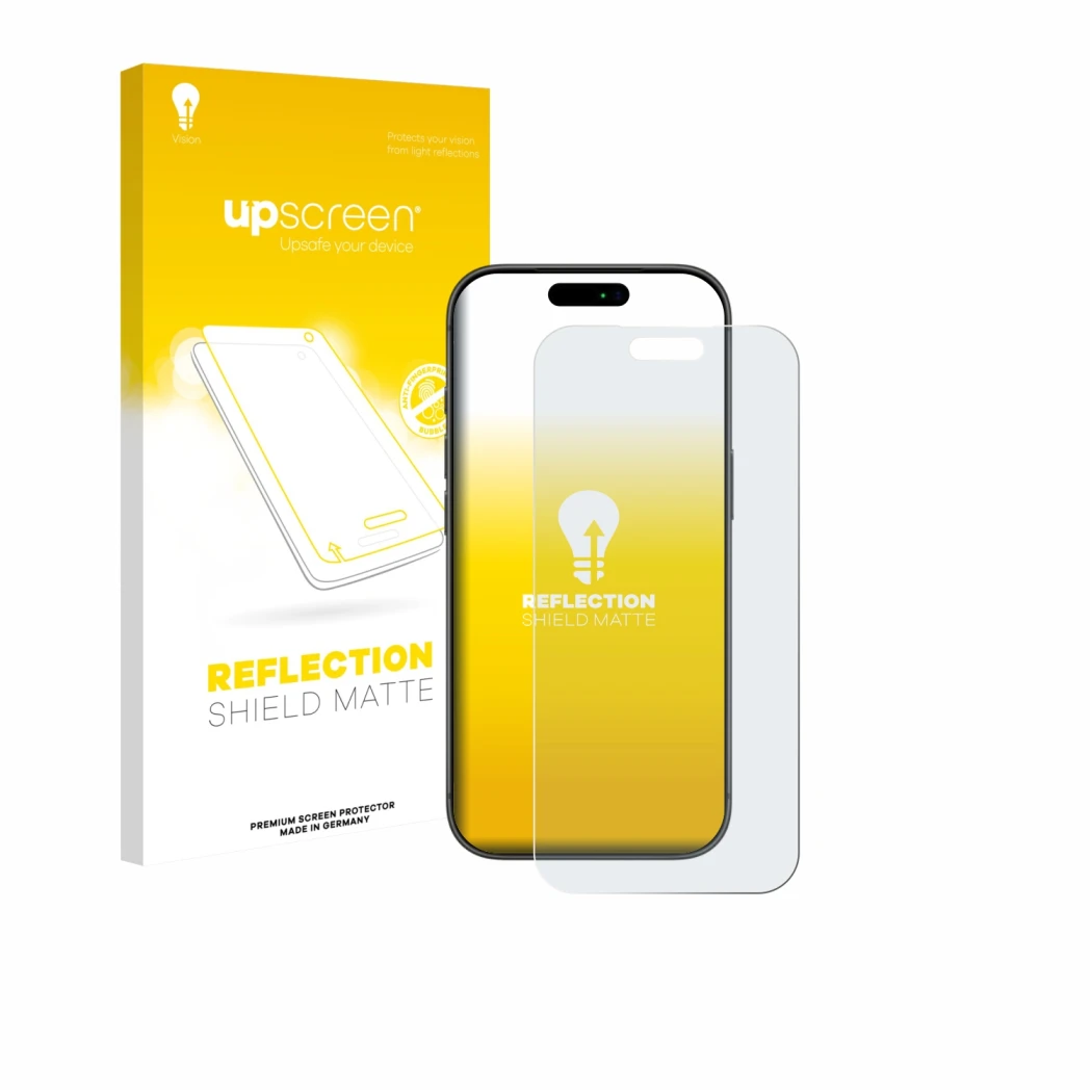 Face avant d’un emballage produit avec le logo de la marque upscreen. À côté, l’appareil Apple iPhone 17 Pro Max est représent