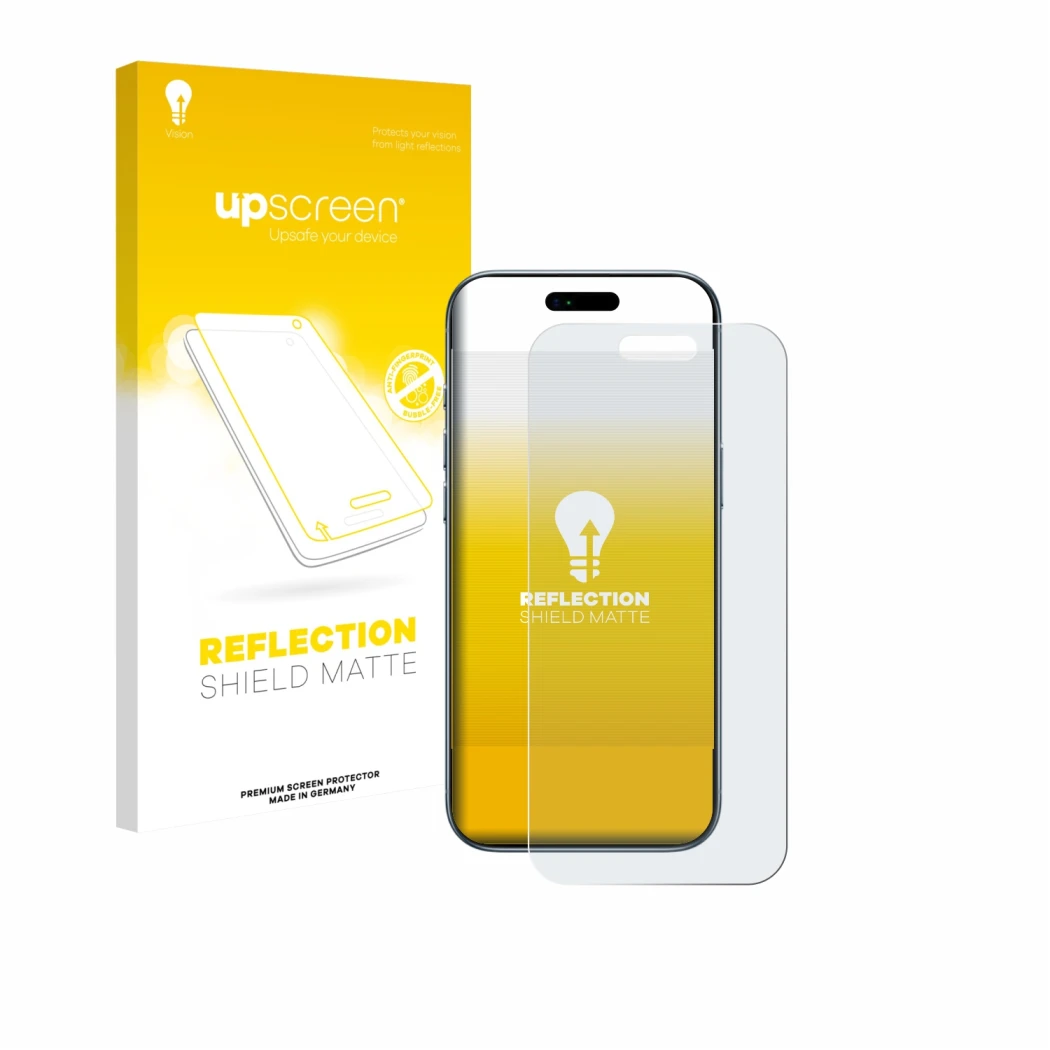 Face avant d’un emballage produit avec le logo de la marque upscreen. À côté, l’appareil Apple iPhone Air est représenté avec