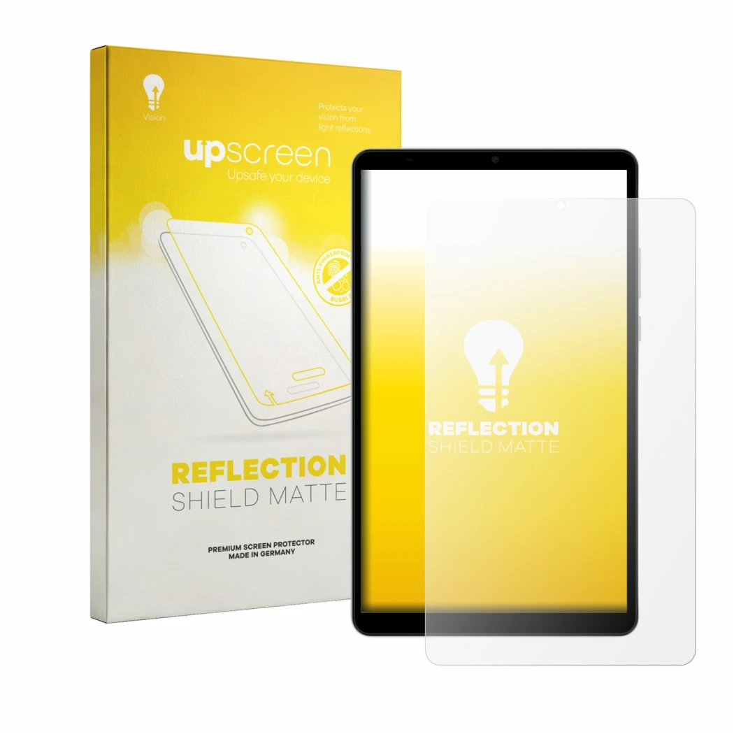 Face avant d’un emballage produit avec le logo de la marque upscreen. À côté, l’appareil Honor Pad X7 est représenté avec la p