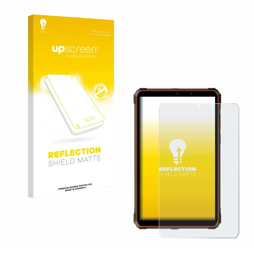 Face avant d’un emballage produit avec le logo de la marque upscreen. À côté, l’appareil Blackview Active 5 est représenté ave