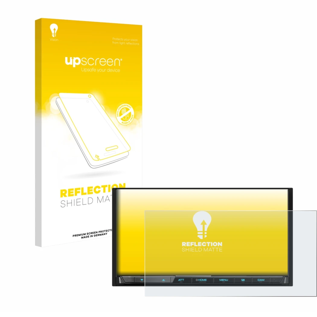 Face avant d’un emballage produit avec le logo de la marque upscreen. À côté, l’appareil Kenwood DMX8021DABS est représenté av