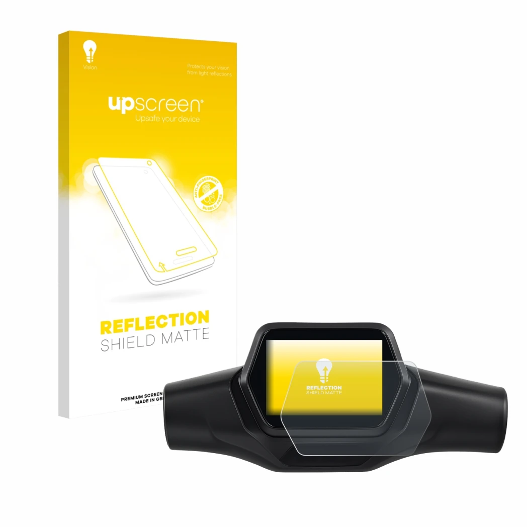 Face avant d’un emballage produit avec le logo de la marque upscreen. À côté, l’appareil Segway Ninebot ZT3 D est représenté a