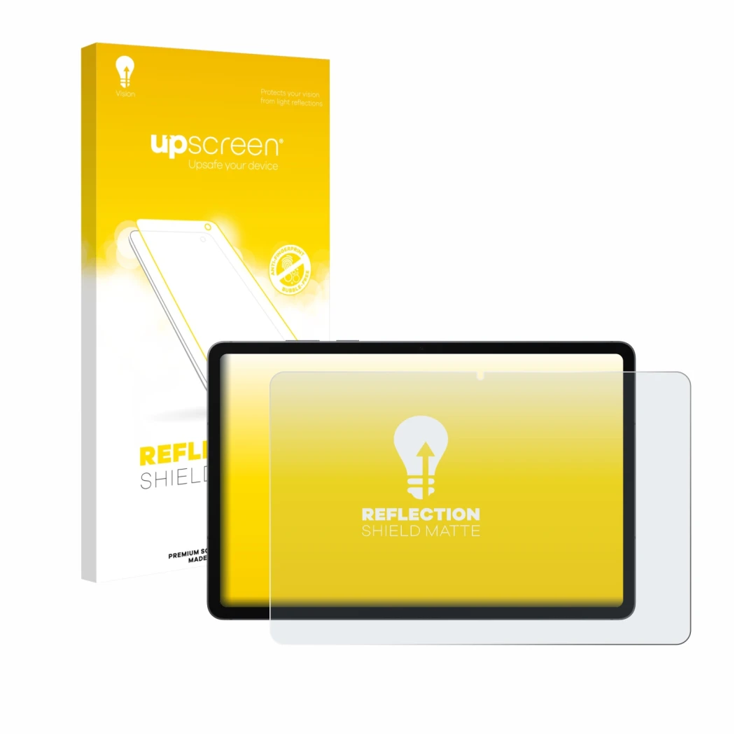 Face avant d’un emballage produit avec le logo de la marque upscreen. À côté, l’appareil Samsung Galaxy Tab S11 est représenté