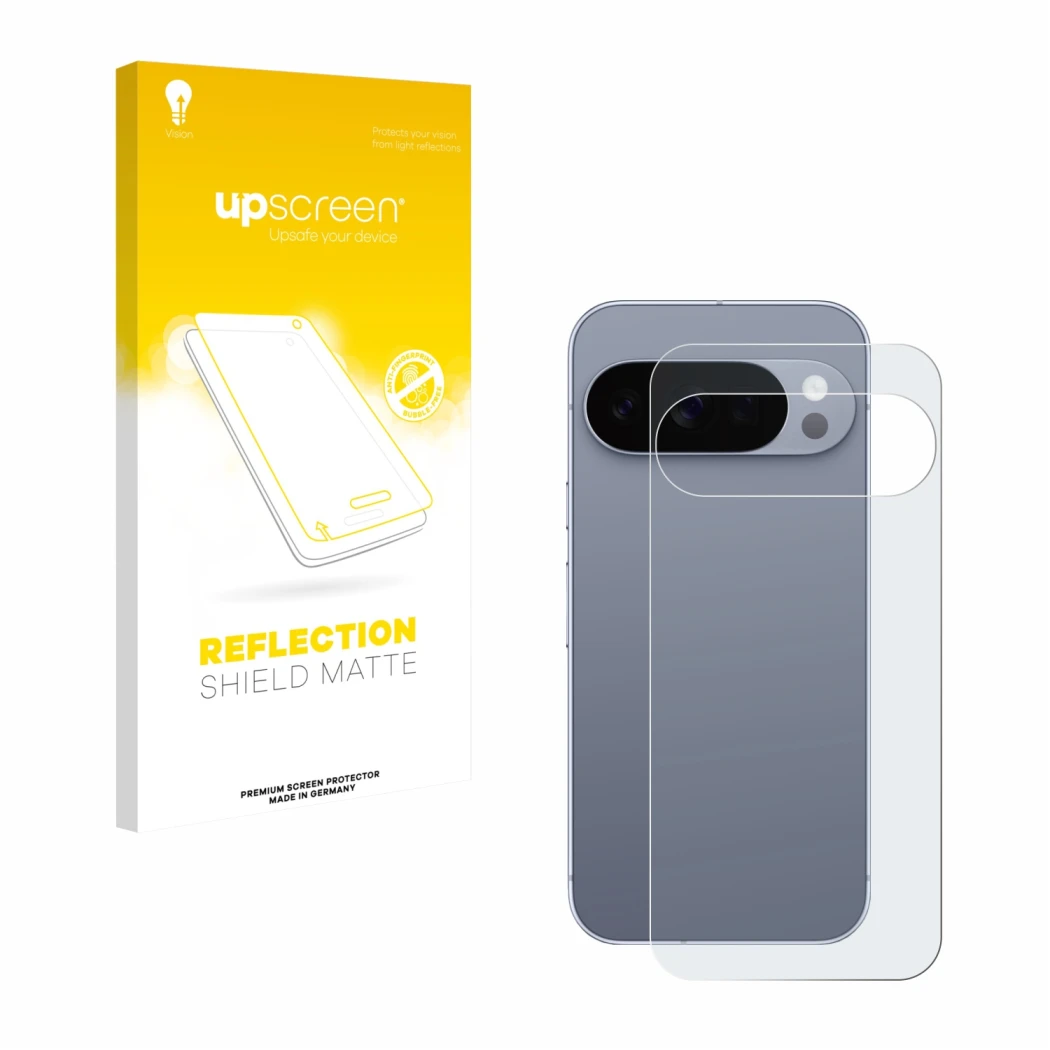 Face avant d’un emballage produit avec le logo de la marque upscreen. À côté, l’appareil Google Pixel 10 Pro (Arrière) est rep