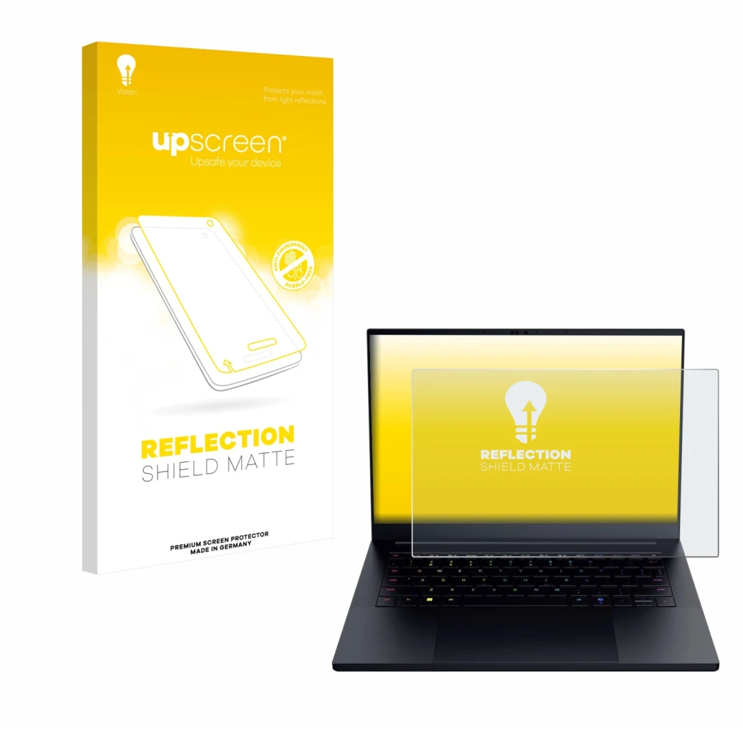 Face avant d’un emballage produit avec le logo de la marque upscreen. À côté, l’appareil Razer Blade 14 2025 est représenté av