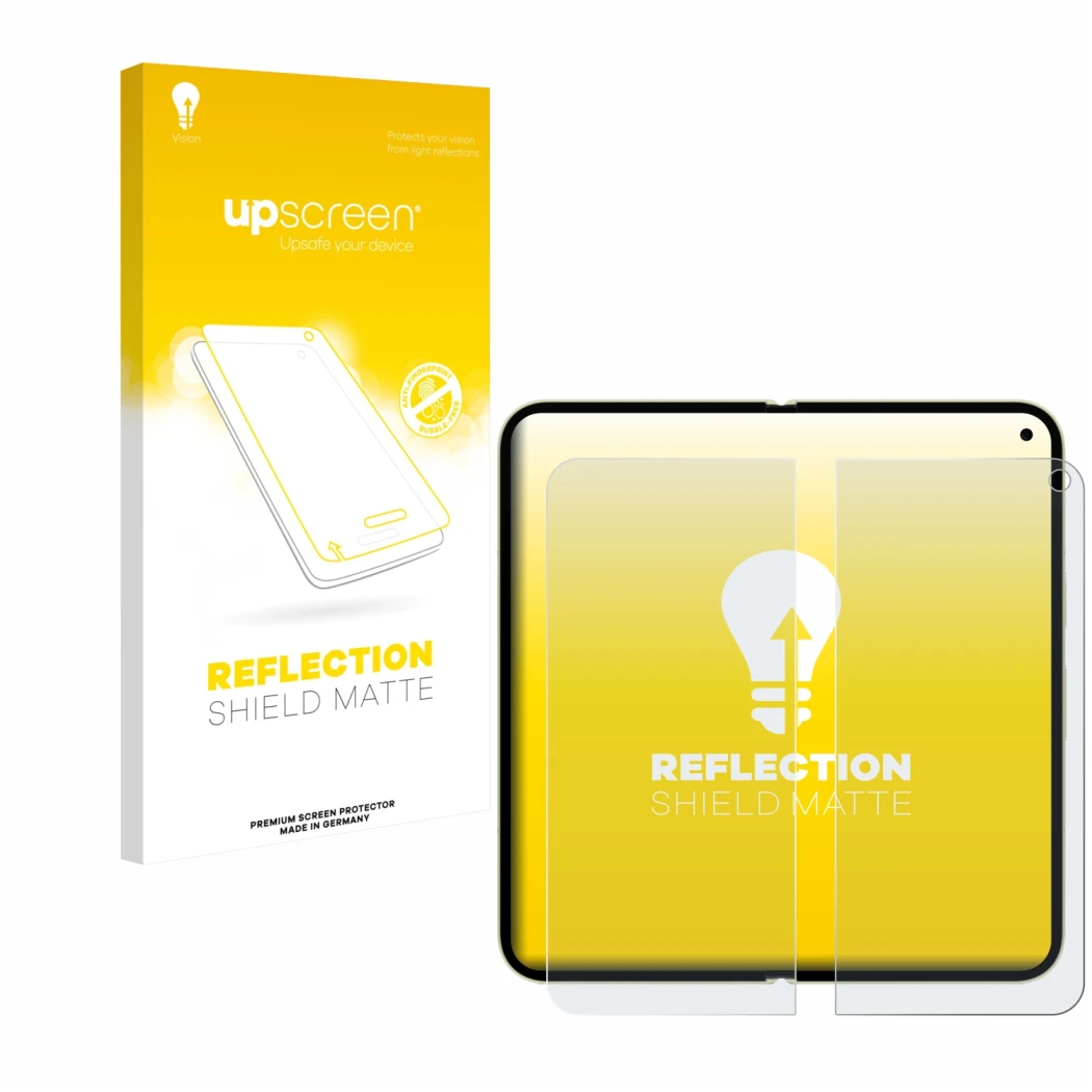 Face avant d’un emballage produit avec le logo de la marque upscreen. À côté, l’appareil Google Pixel 10 Pro Fold (Affichage i