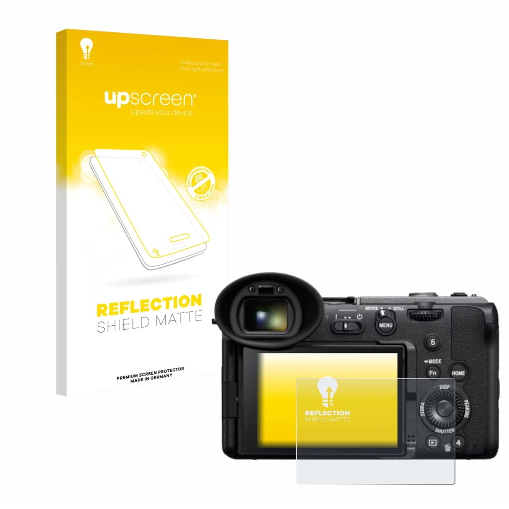 Face avant d’un emballage produit avec le logo de la marque upscreen. À côté, l’appareil Sony Cinema Line FX2 est représenté a