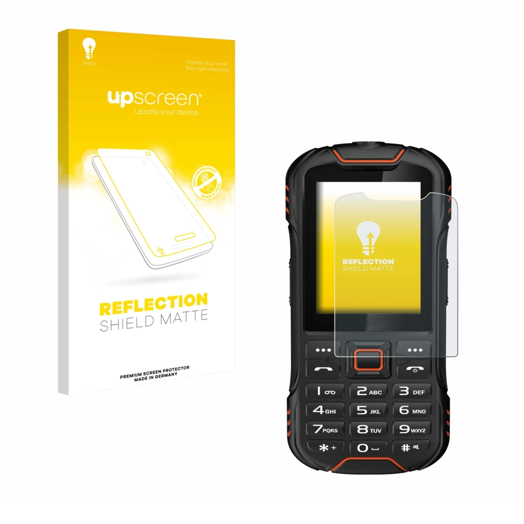 Face avant d’un emballage produit avec le logo de la marque upscreen. À côté, l’appareil Gigaset GLX8 est représenté avec la p