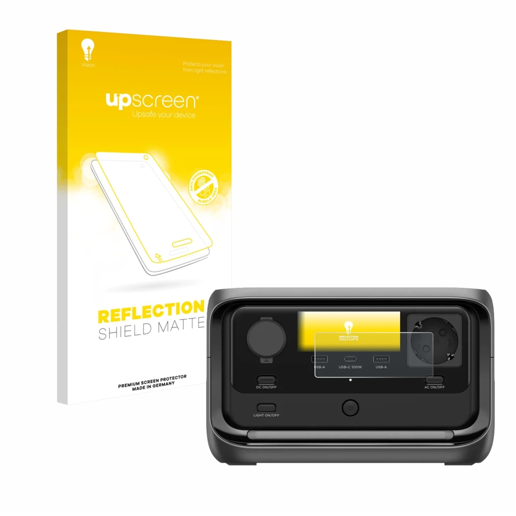 Face avant d’un emballage produit avec le logo de la marque upscreen. À côté, l’appareil EcoFlow River 3 Plus est représenté a