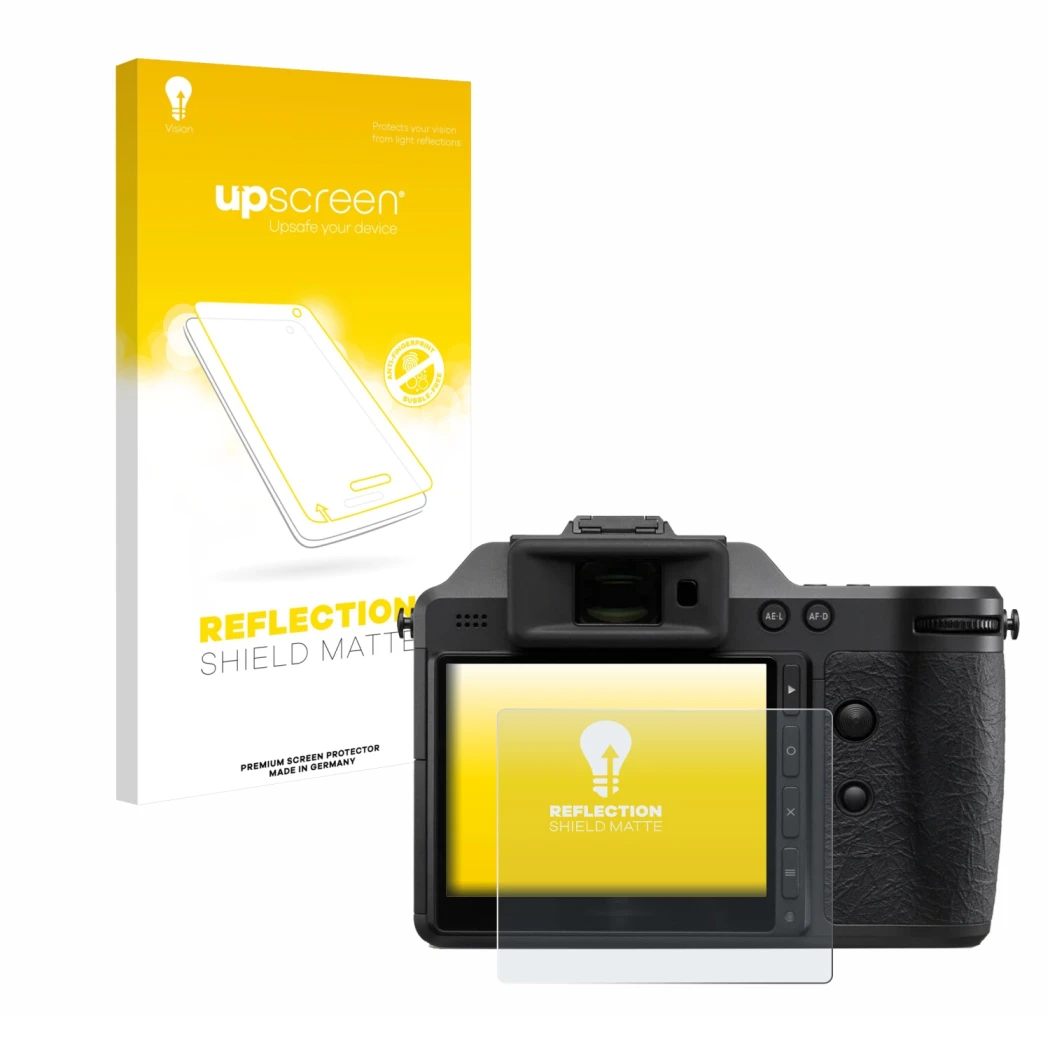Face avant d’un emballage produit avec le logo de la marque upscreen. À côté, l’appareil Hasselblad X2D II 100C est représenté