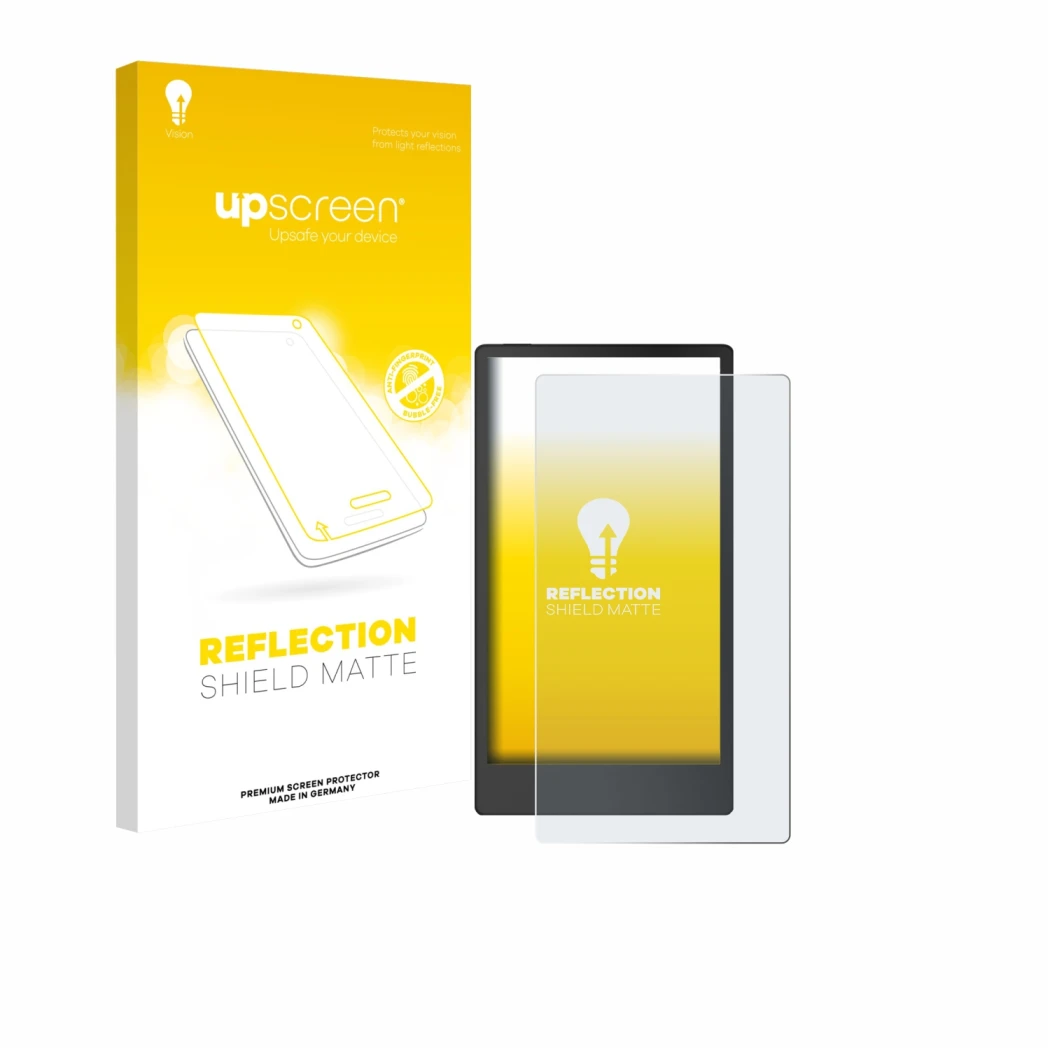 Face avant d’un emballage produit avec le logo de la marque upscreen. À côté, l’appareil reMarkable Paper Pro Move est représe