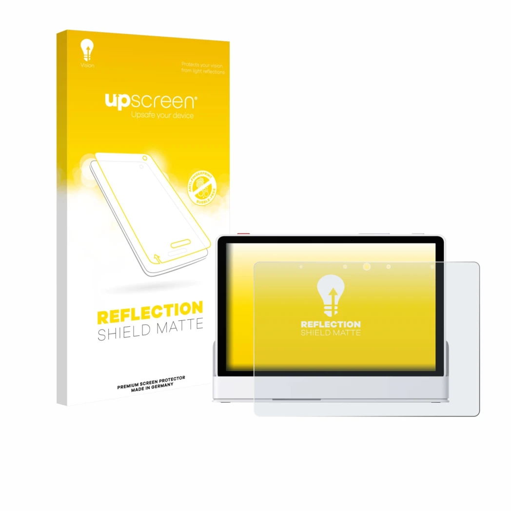 Face avant d’un emballage produit avec le logo de la marque upscreen. À côté, l’appareil eufy Smart Display E10 est représenté