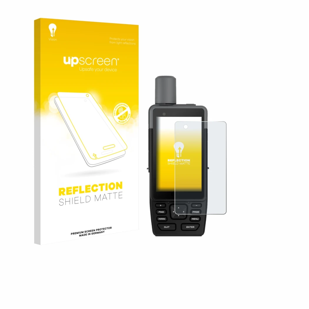 Face avant d’un emballage produit avec le logo de la marque upscreen. À côté, l’appareil Garmin GPSMAP H1 est représenté avec