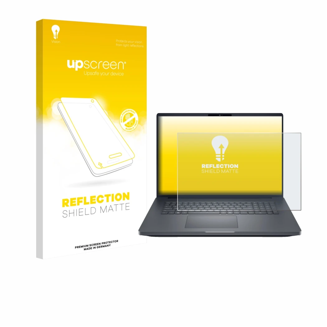 Face avant d’un emballage produit avec le logo de la marque upscreen. À côté, l’appareil Dell Pro Max Plus 18 est représenté a