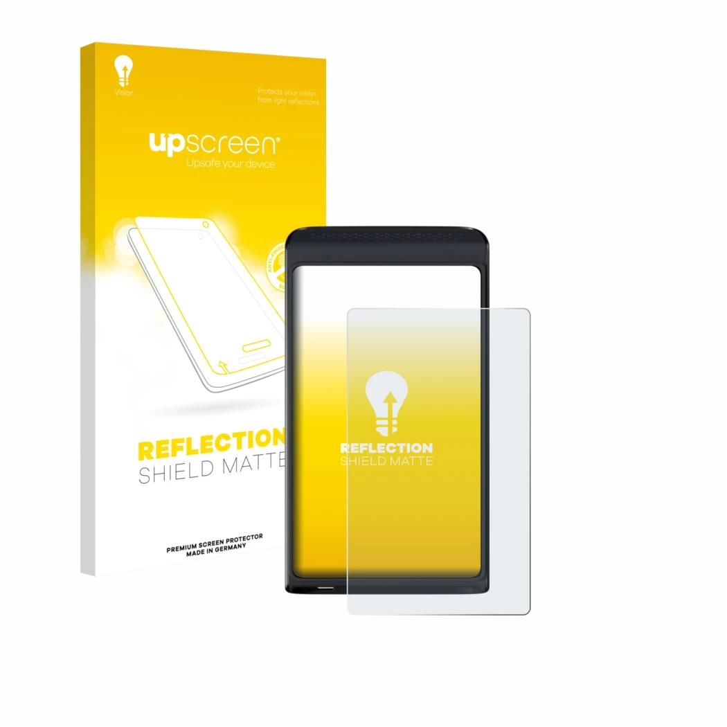 Face avant d’un emballage produit avec le logo de la marque upscreen. À côté, l’appareil Vasco Translator Q1 est représenté av