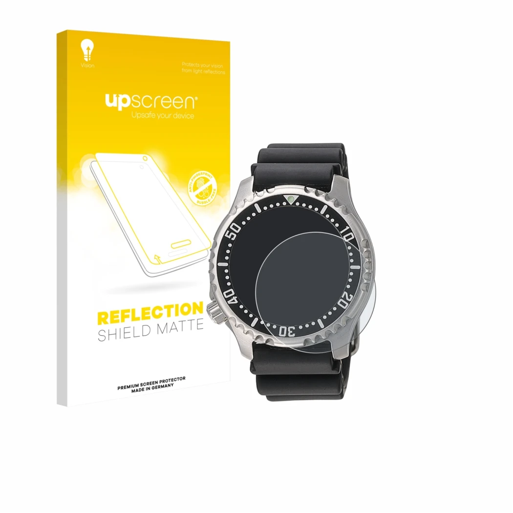 Face avant d’un emballage produit avec le logo de la marque upscreen. À côté, l’appareil Citizen NY0040 est représenté avec la