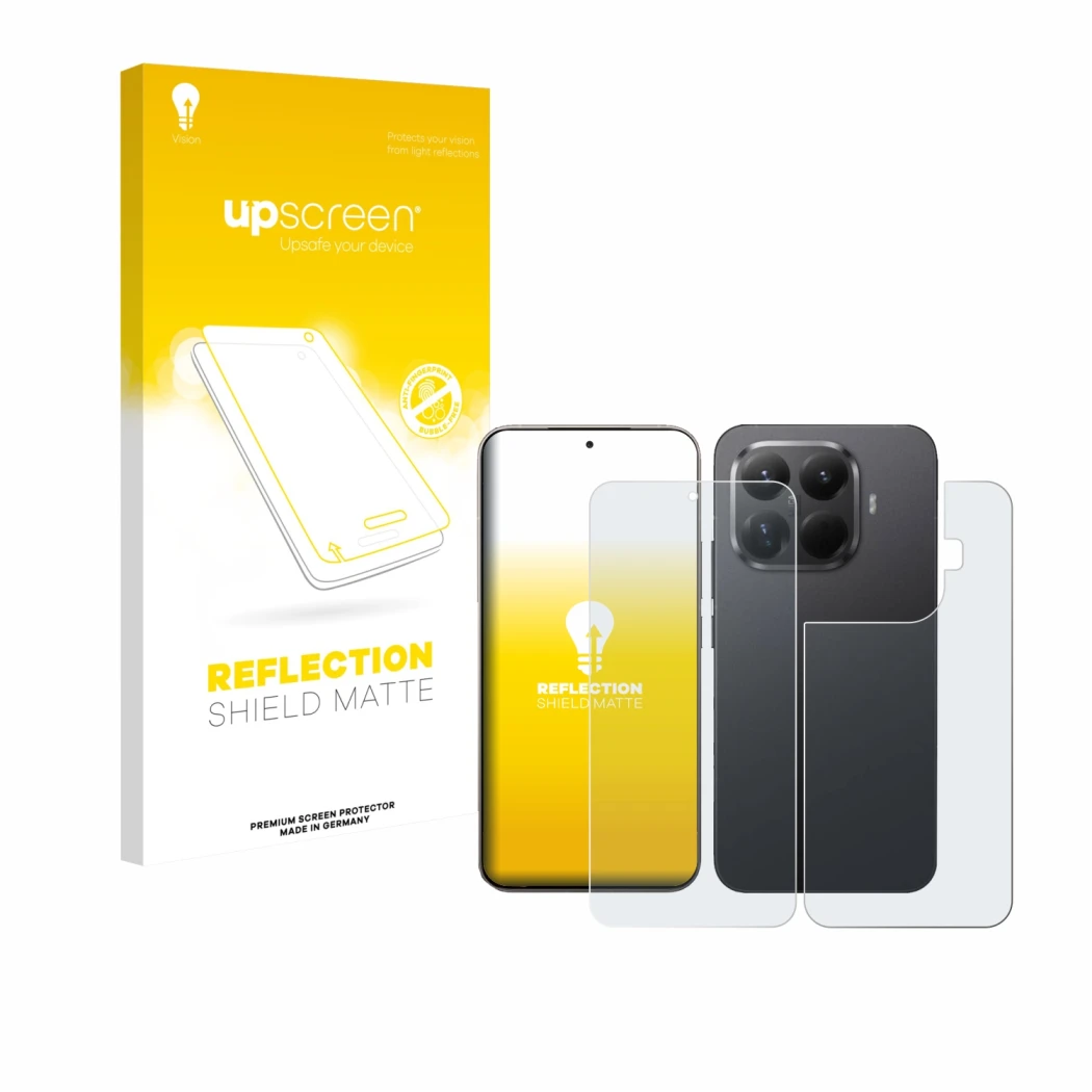 Face avant d’un emballage produit avec le logo de la marque upscreen. À côté, l’appareil Xiaomi 15T Pro (Avant+Arrière) est re