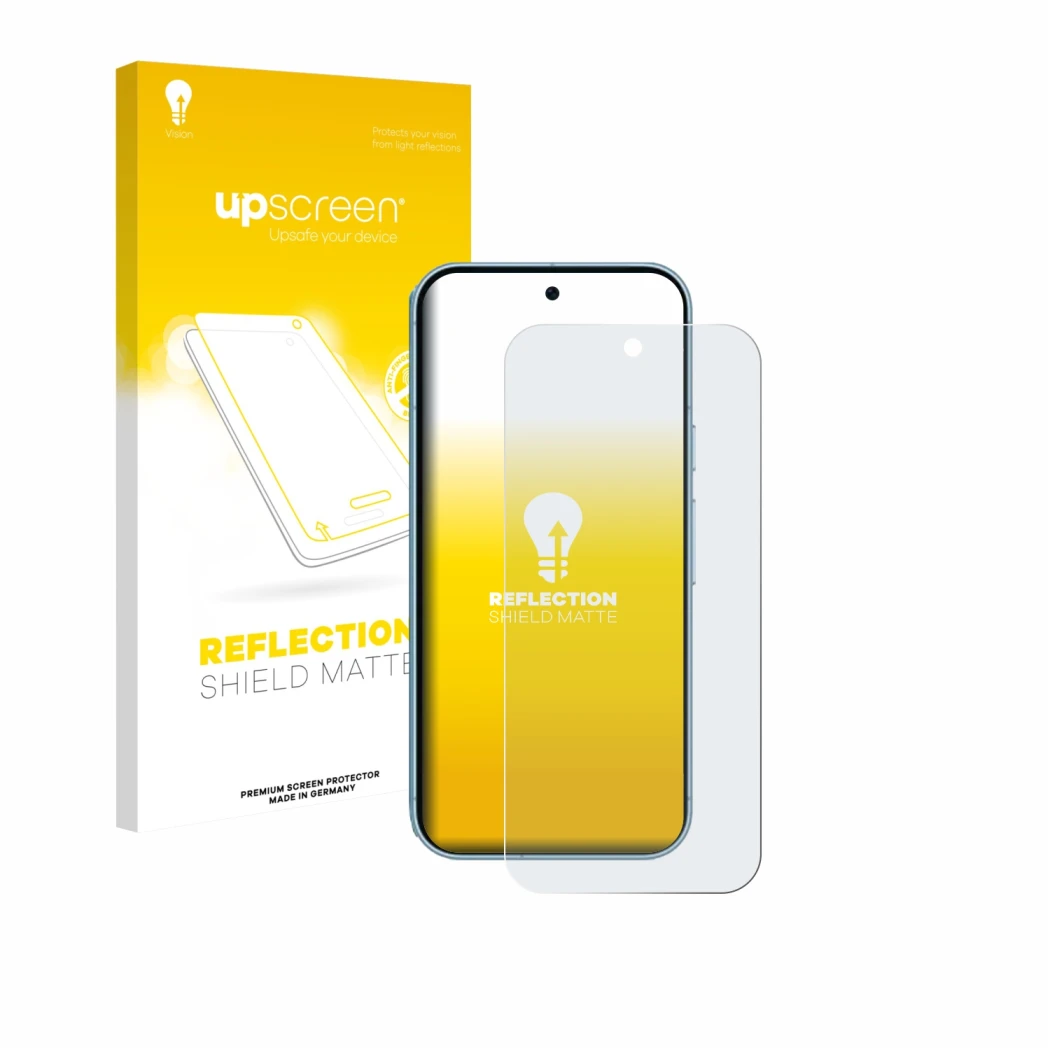 Face avant d’un emballage produit avec le logo de la marque upscreen. À côté, l’appareil Google Pixel 9 (case-friendly) est re