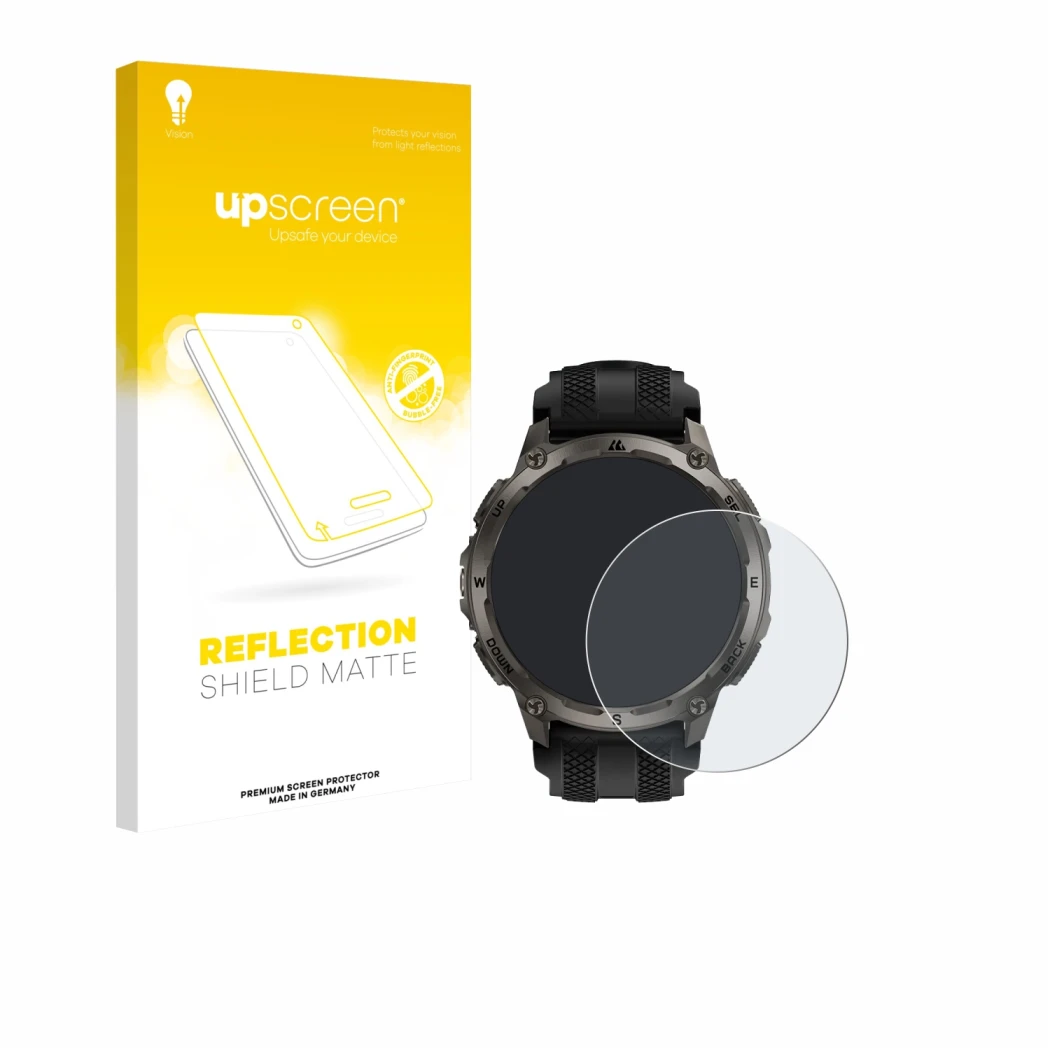 Face avant d’un emballage produit avec le logo de la marque upscreen. À côté, l’appareil Kospet Tank T4 est représenté avec la