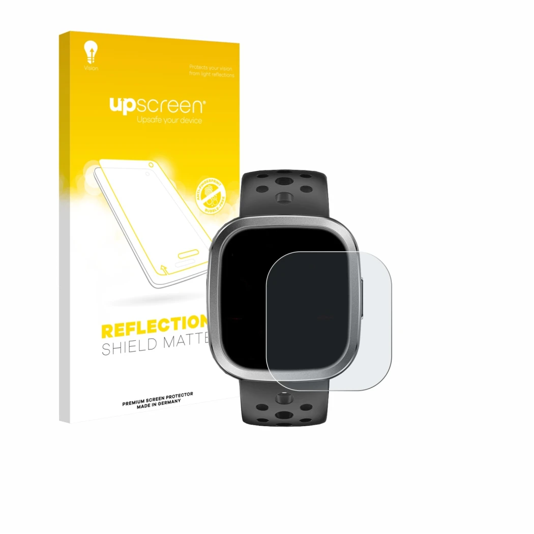 Face avant d’un emballage produit avec le logo de la marque upscreen. À côté, l’appareil YYKY Smartwatch 1.72