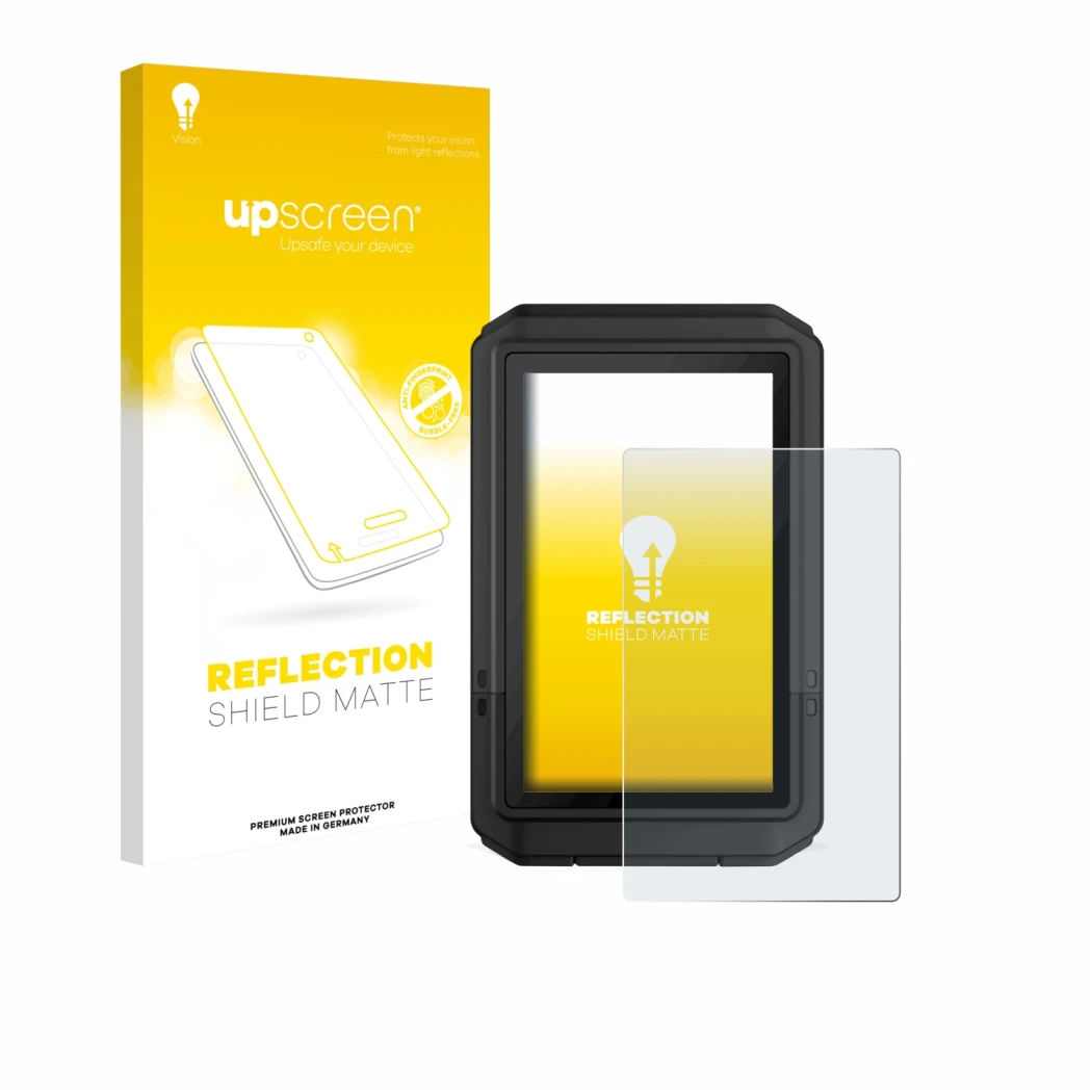 Face avant d’un emballage produit avec le logo de la marque upscreen. À côté, l’appareil Garmin eTrex Touch 2025 est représent