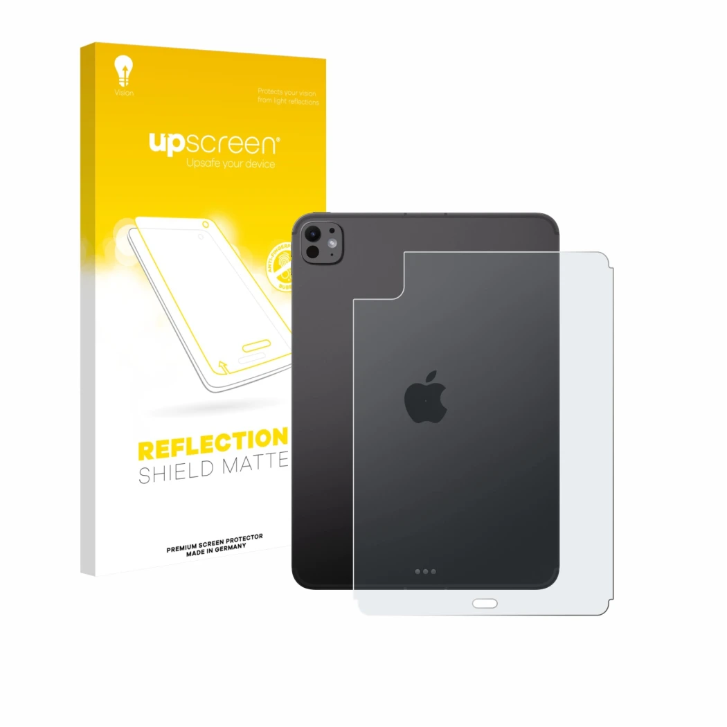 Face avant d’un emballage produit avec le logo de la marque upscreen. À côté, l’appareil Apple iPad Pro 11