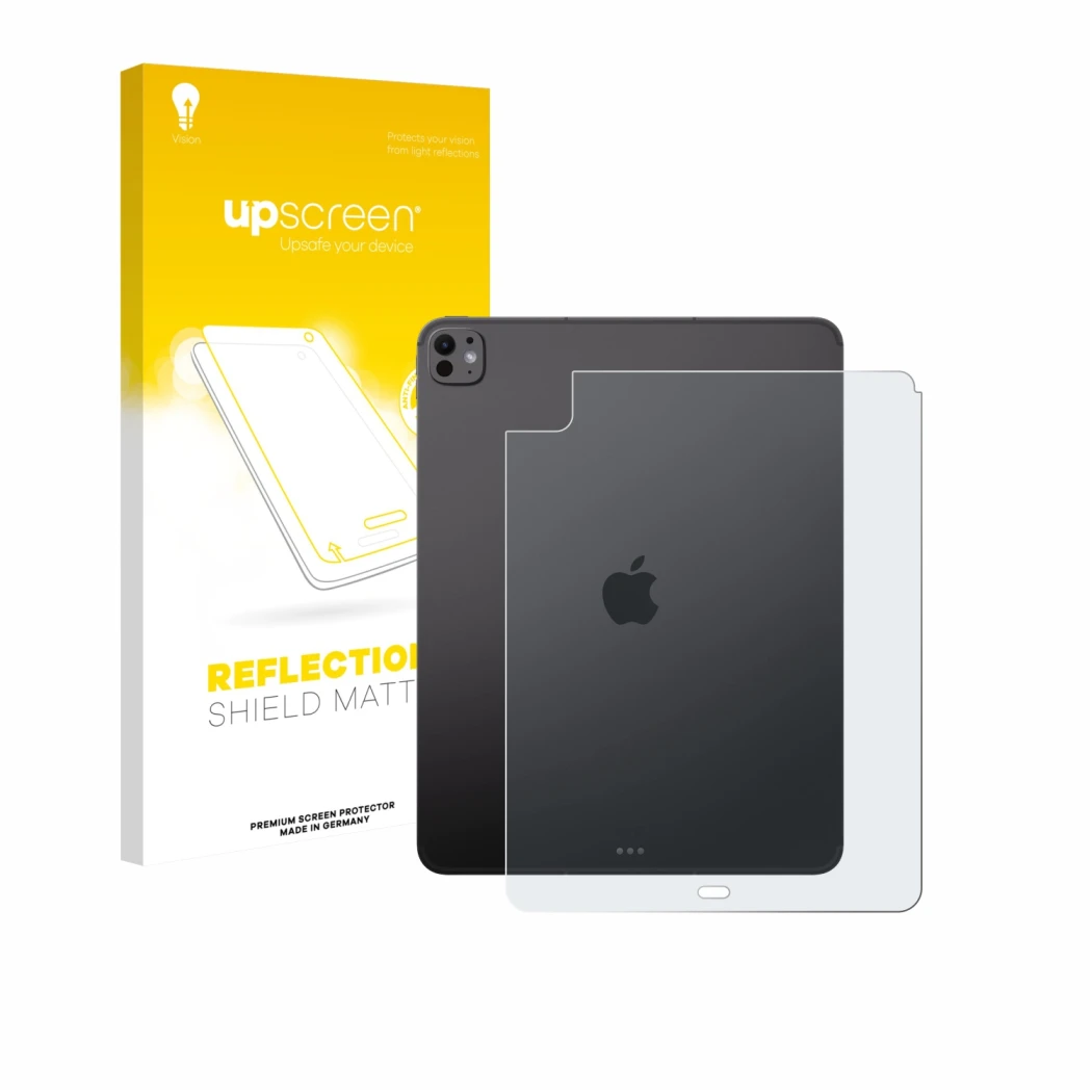 Face avant d’un emballage produit avec le logo de la marque upscreen. À côté, l’appareil Apple iPad Pro 13
