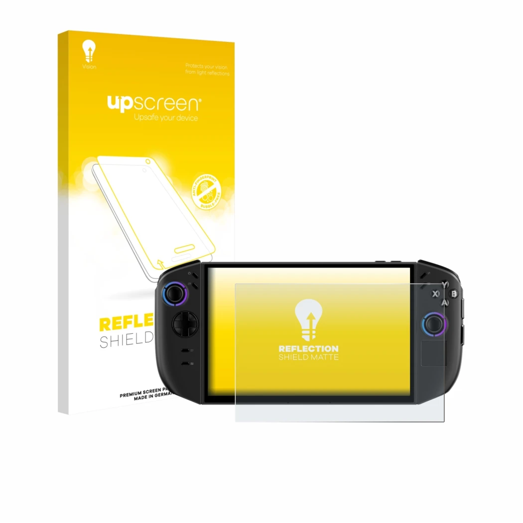 Face avant d’un emballage produit avec le logo de la marque upscreen. À côté, l’appareil Lenovo Legion Go Gen 2 est représenté