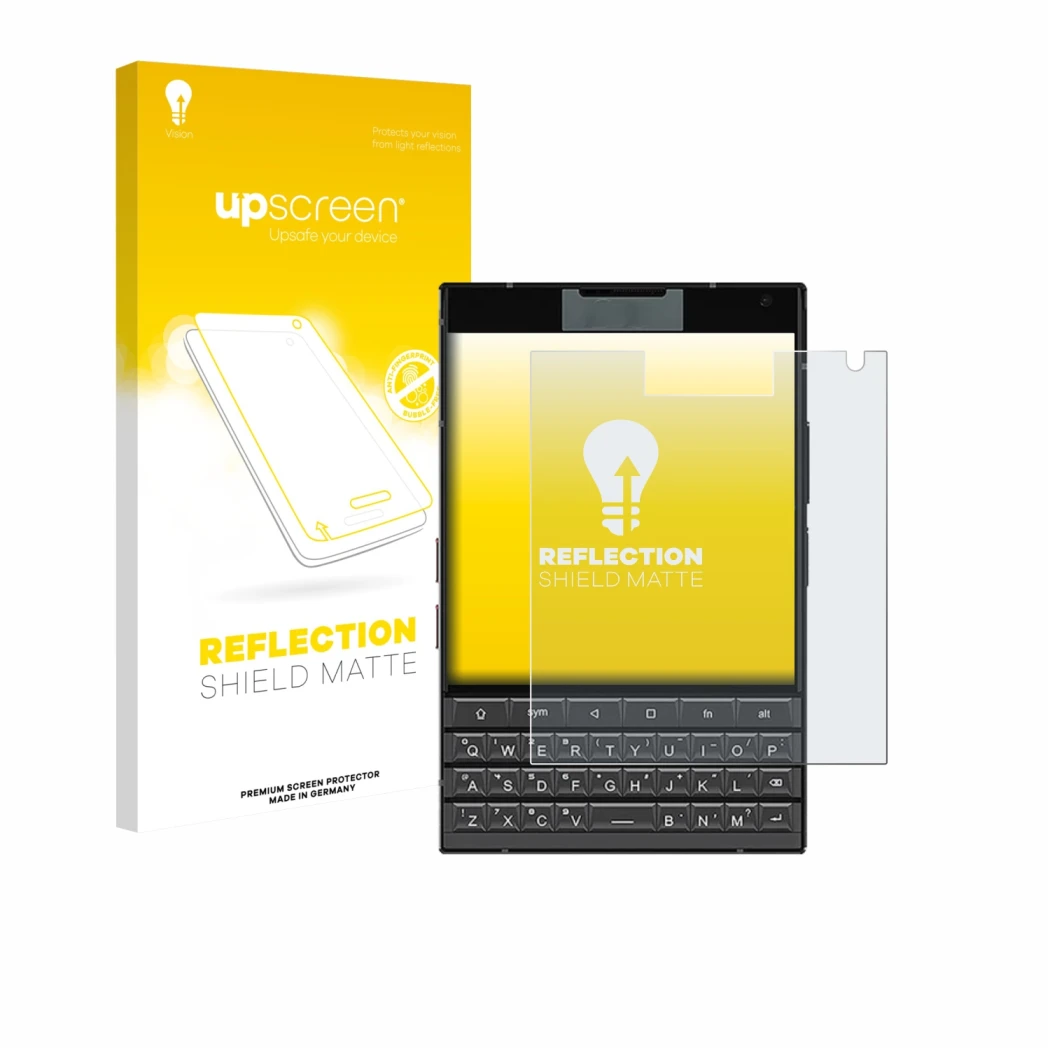 Face avant d’un emballage produit avec le logo de la marque upscreen. À côté, l’appareil Unihertz Titan 2 est représenté avec