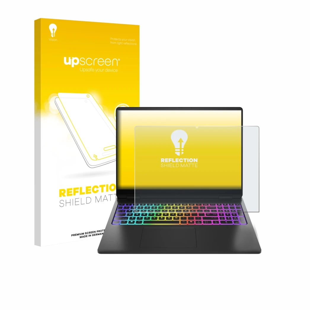 Face avant d’un emballage produit avec le logo de la marque upscreen. À côté, l’appareil HP Omen Max 16 est représenté avec la