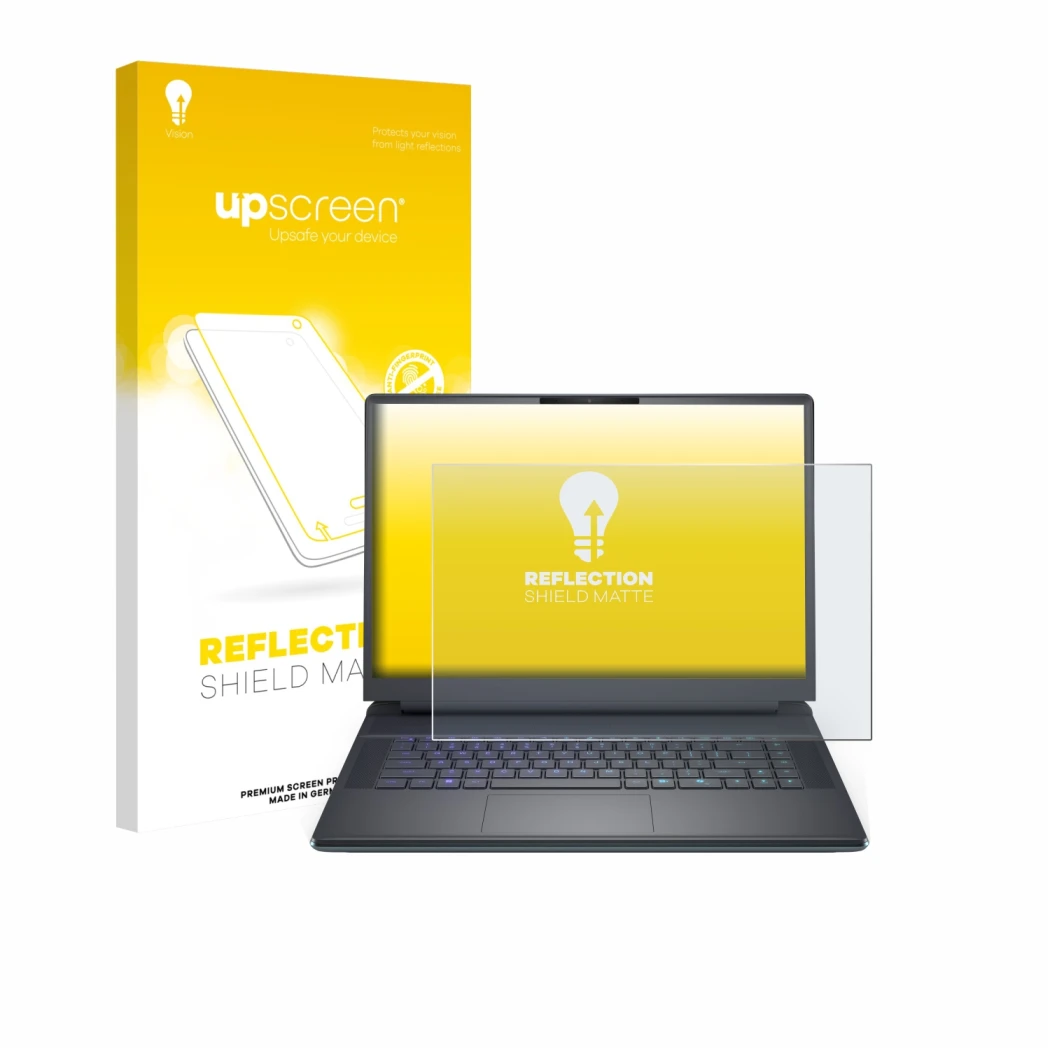 Face avant d’un emballage produit avec le logo de la marque upscreen. À côté, l’appareil Dell Alienware 16 Area-51 est représe