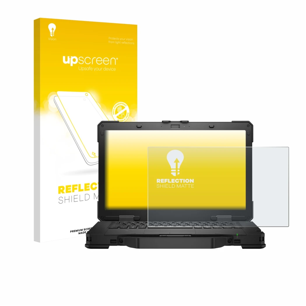 Face avant d’un emballage produit avec le logo de la marque upscreen. À côté, l’appareil Dell Pro Rugged 14 Laptop est représe