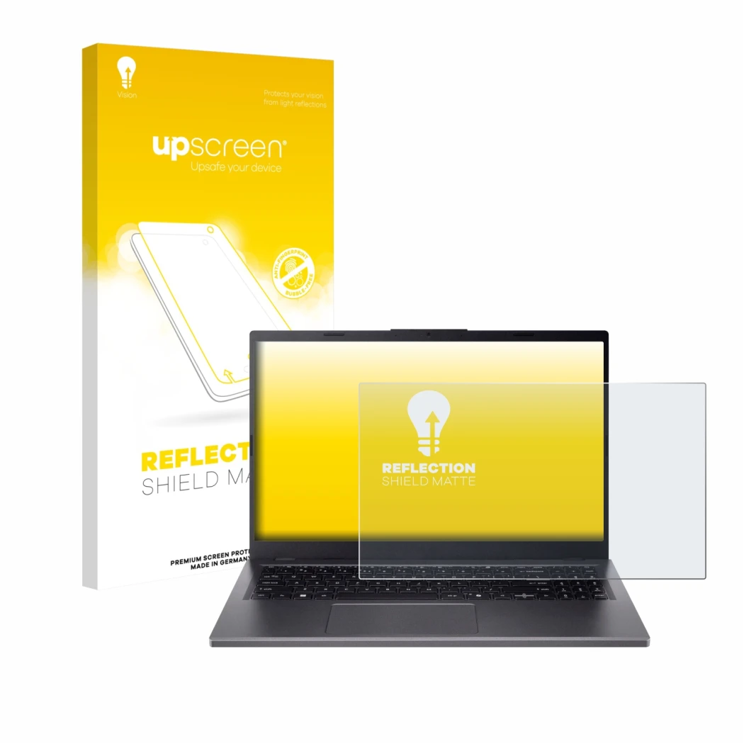 Face avant d’un emballage produit avec le logo de la marque upscreen. À côté, l’appareil Acer Aspire 15 A15-51 est représenté