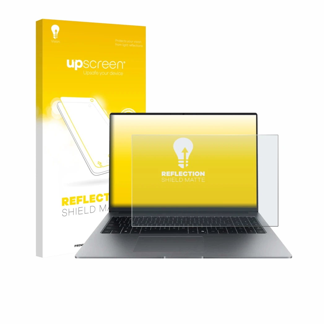 Face avant d’un emballage produit avec le logo de la marque upscreen. À côté, l’appareil Honor MagicBook X16 Plus 2025 est rep