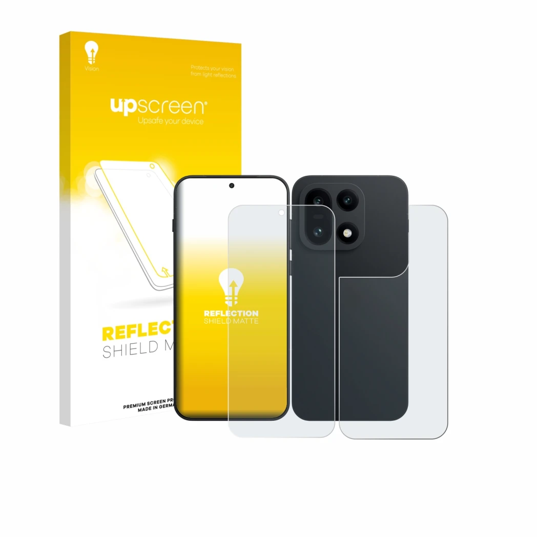 Face avant d’un emballage produit avec le logo de la marque upscreen. À côté, l’appareil OnePlus 15 (Avant+Arrière) est représ
