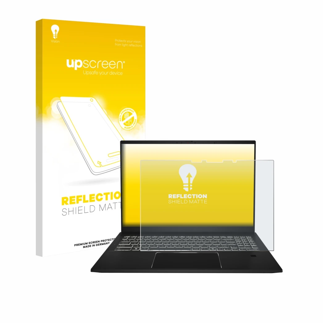 Face avant d’un emballage produit avec le logo de la marque upscreen. À côté, l’appareil MSI Summit A16 AI+ est représenté ave