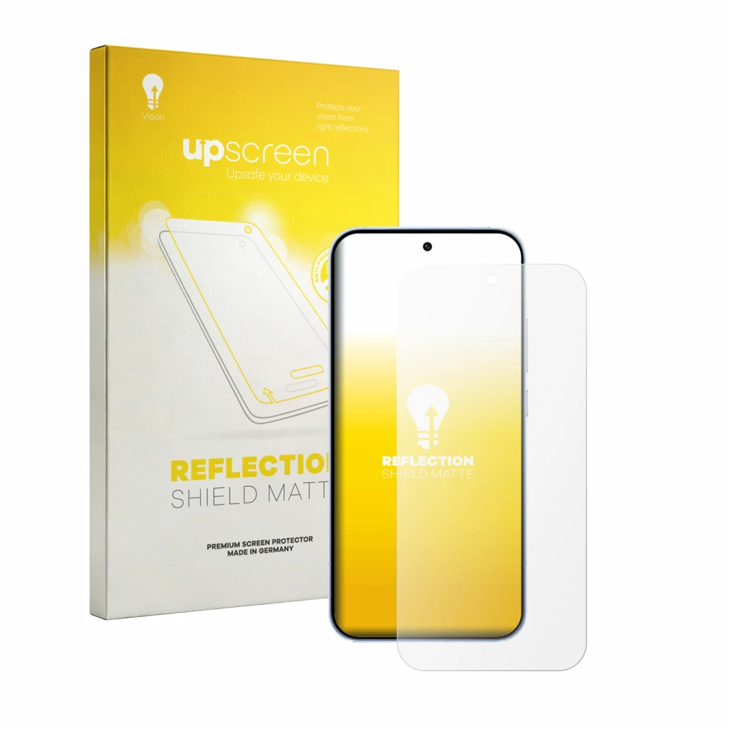 Face avant d’un emballage produit avec le logo de la marque upscreen. À côté, l’appareil Oppo Reno 15 est représenté avec la p