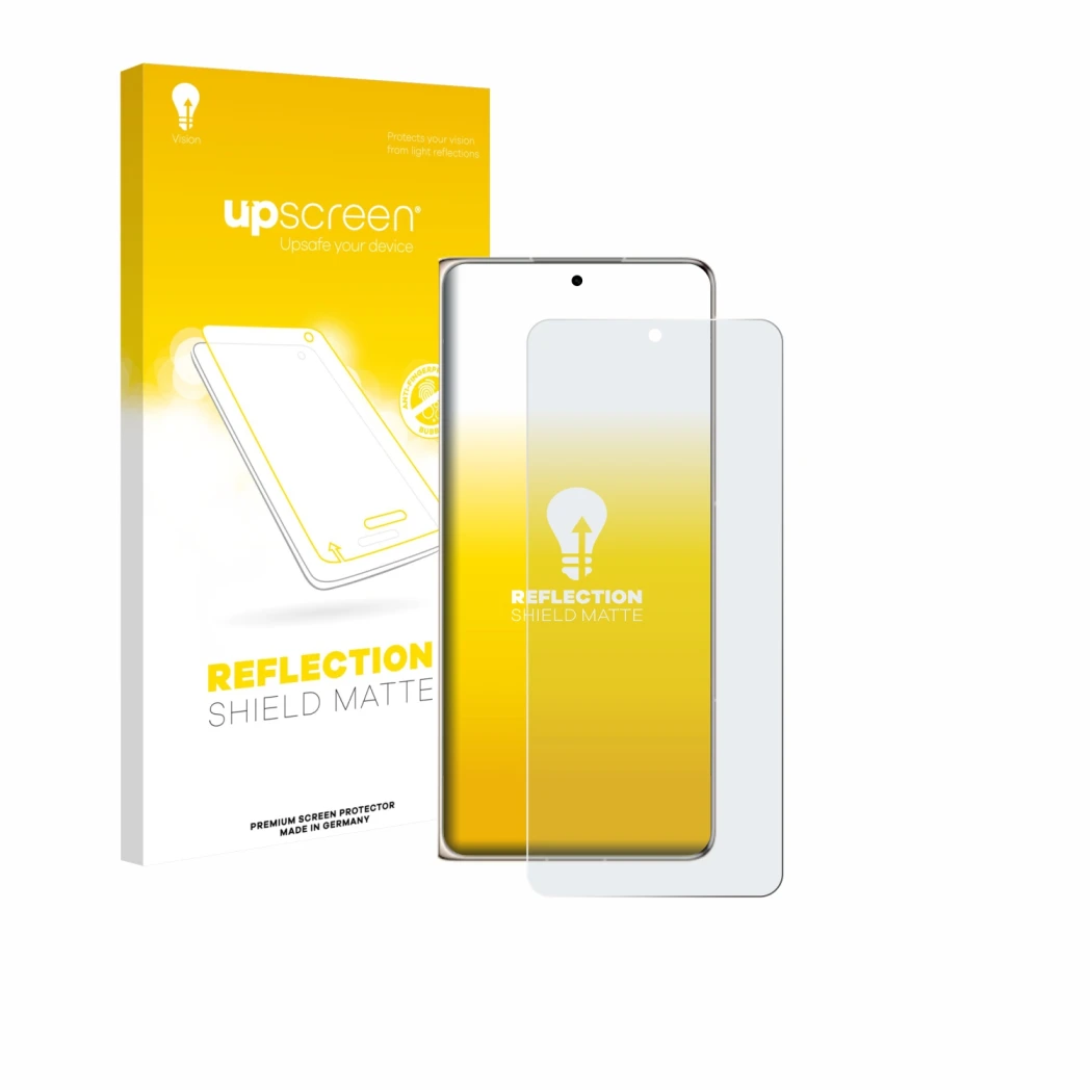 Face avant d’un emballage produit avec le logo de la marque upscreen. À côté, l’appareil Huawei Mate X7 est représenté avec la