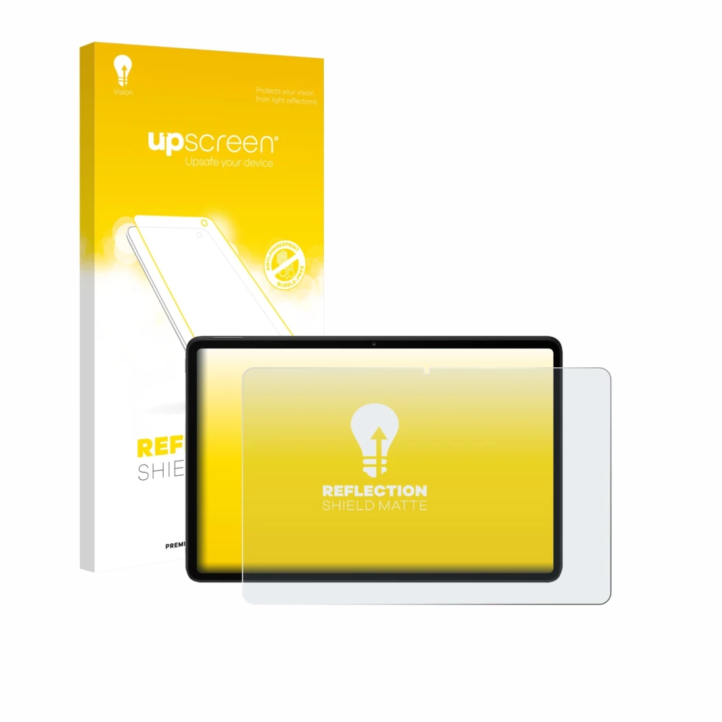 Face avant d’un emballage produit avec le logo de la marque upscreen. À côté, l’appareil Xiaomi Redmi Pad 2 Pro 5G est représe