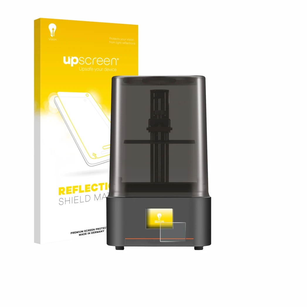 Face avant d’un emballage produit avec le logo de la marque upscreen. À côté, l’appareil Anycubic Photon Mono 4 est représenté