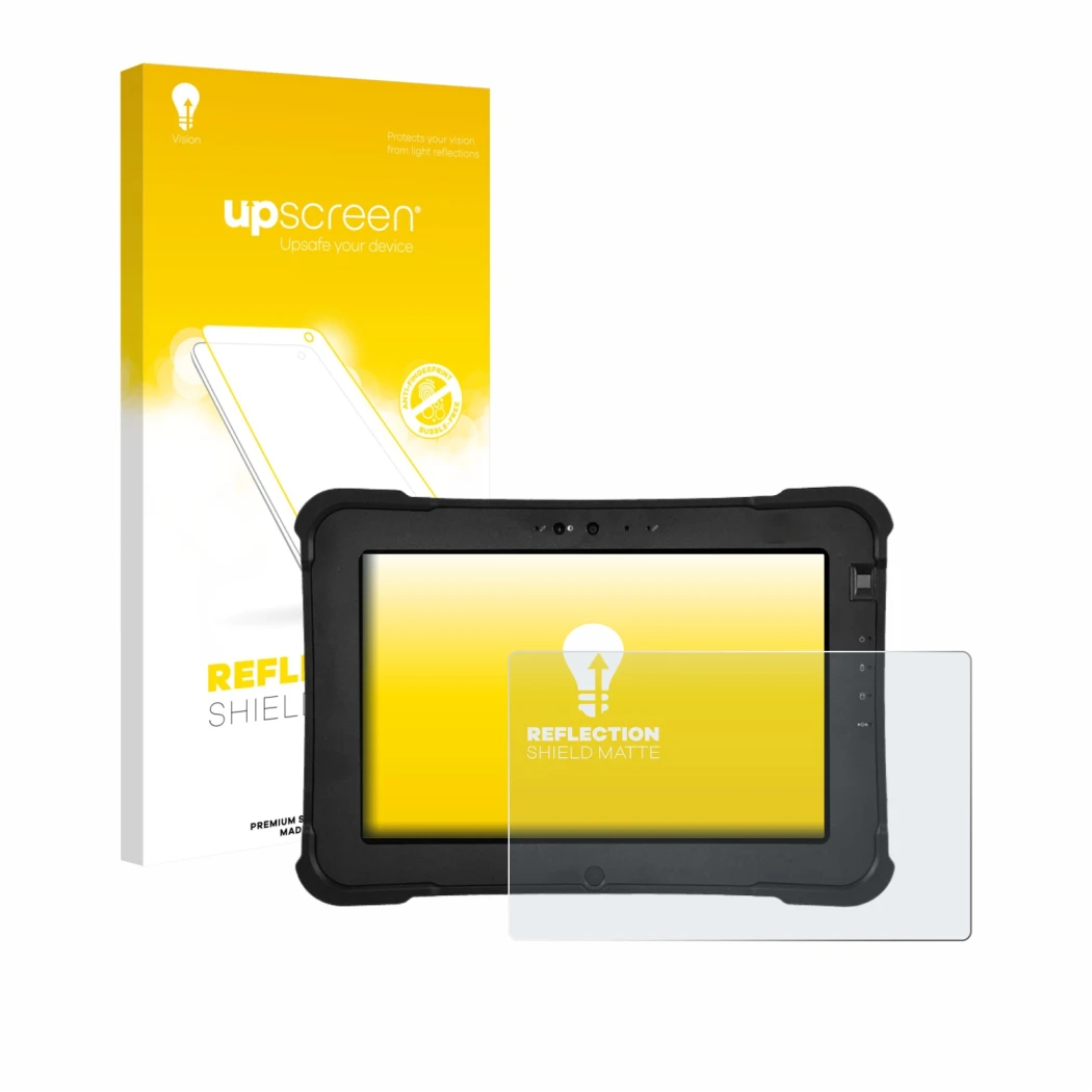 Face avant d’un emballage produit avec le logo de la marque upscreen. À côté, l’appareil Zebra XSlate L10ax est représenté ave