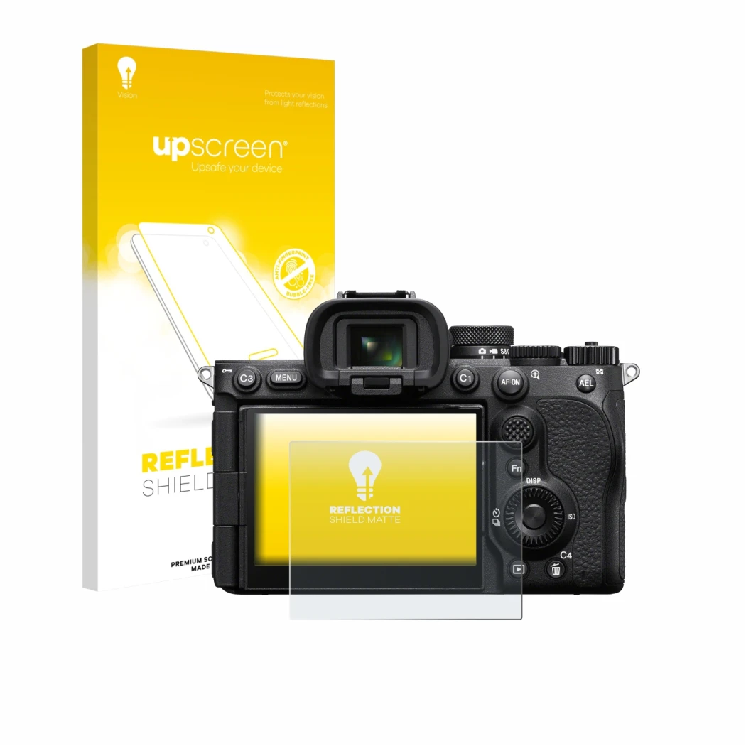 Face avant d’un emballage produit avec le logo de la marque upscreen. À côté, l’appareil Sony Alpha 7 V (ILCE-7M5) est représe