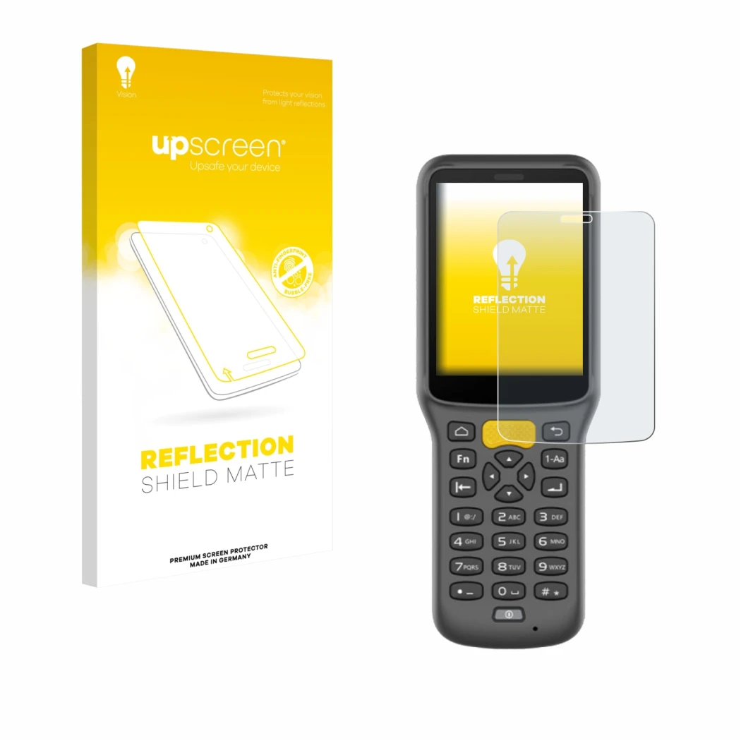 Face avant d’un emballage produit avec le logo de la marque upscreen. À côté, l’appareil Newland MT37 Baiji est représenté ave
