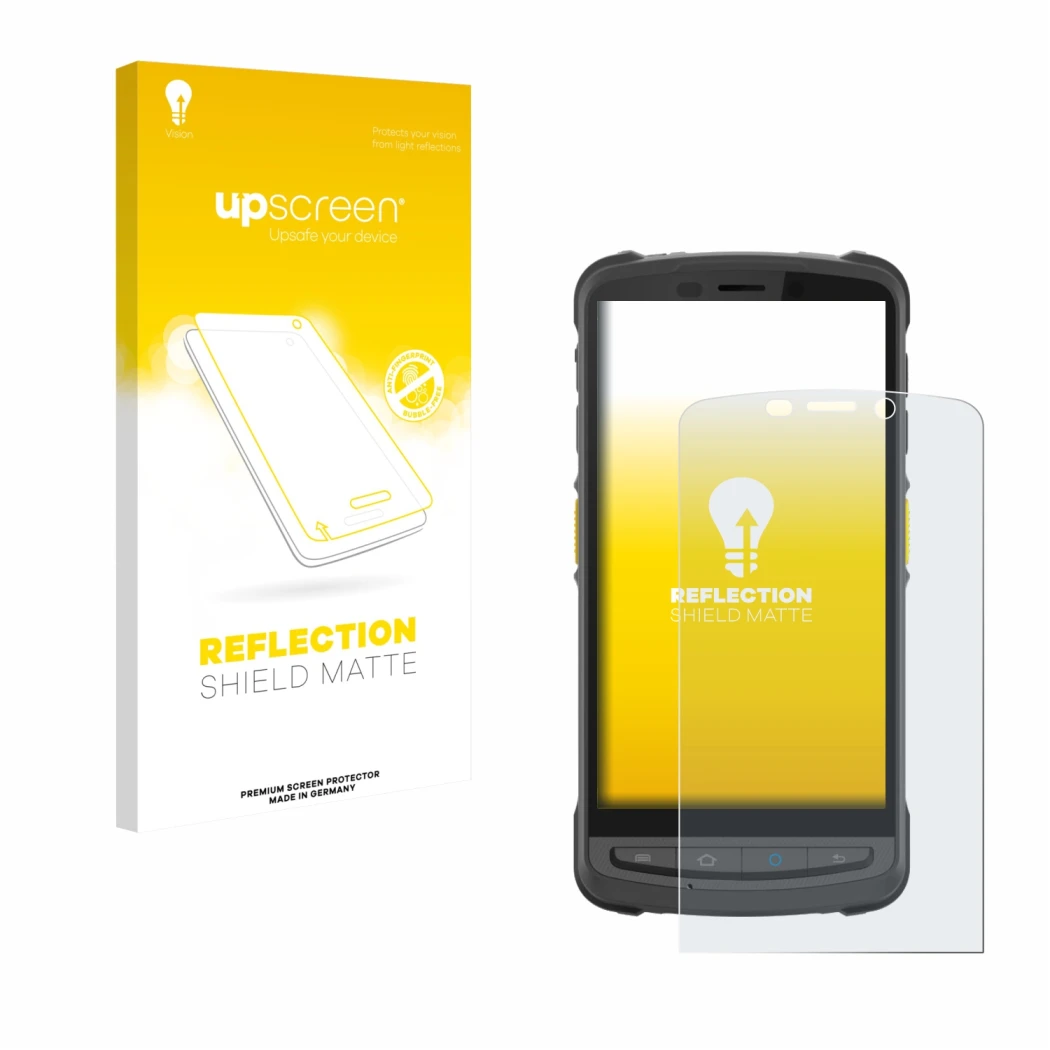 Face avant d’un emballage produit avec le logo de la marque upscreen. À côté, l’appareil Newland MT9055 Orca III est représent
