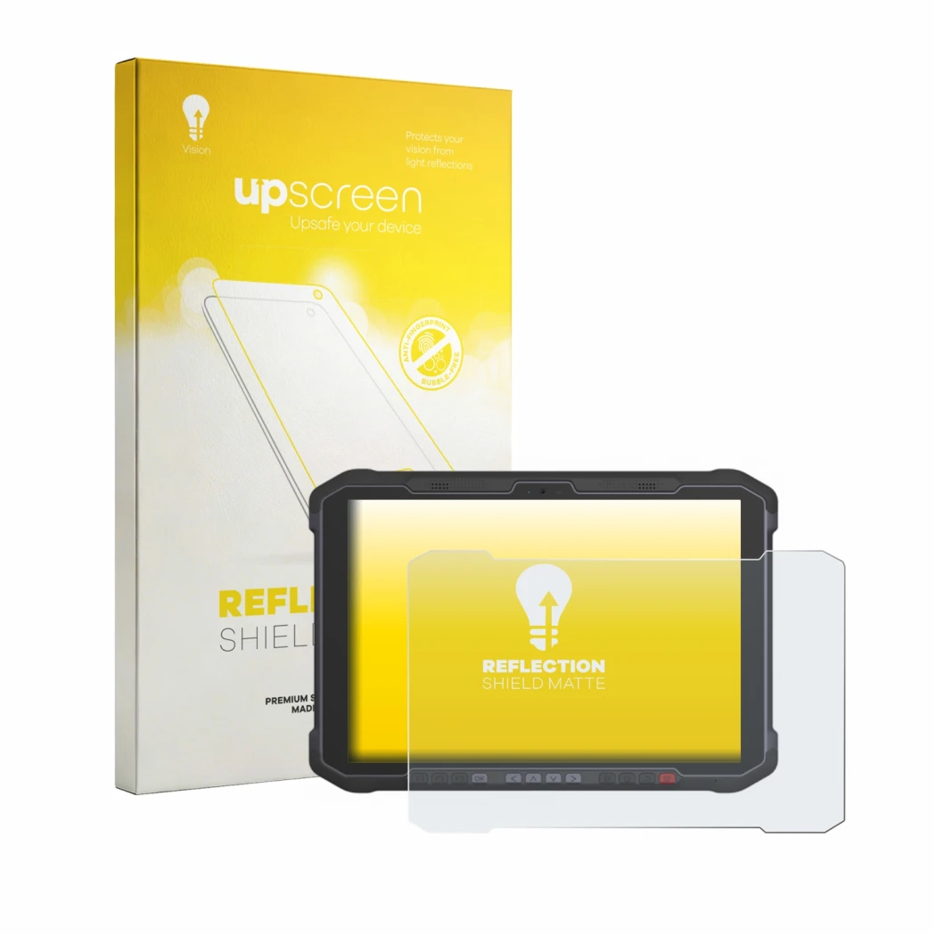 Face avant d’un emballage produit avec le logo de la marque upscreen. À côté, l’appareil Newland Speedata SD100 Orion II est r