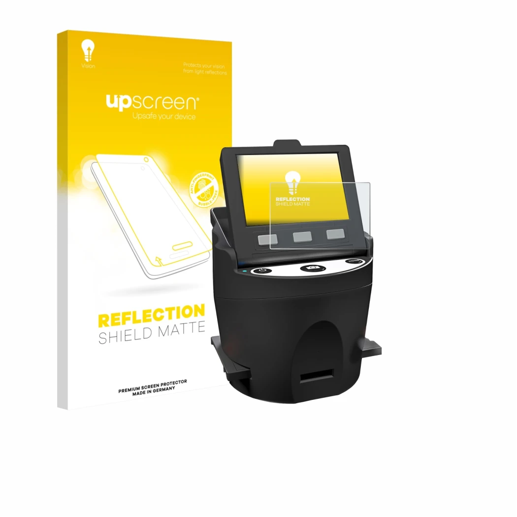 Face avant d’un emballage produit avec le logo de la marque upscreen. À côté, l’appareil Kodak SCANZA est représenté avec la p