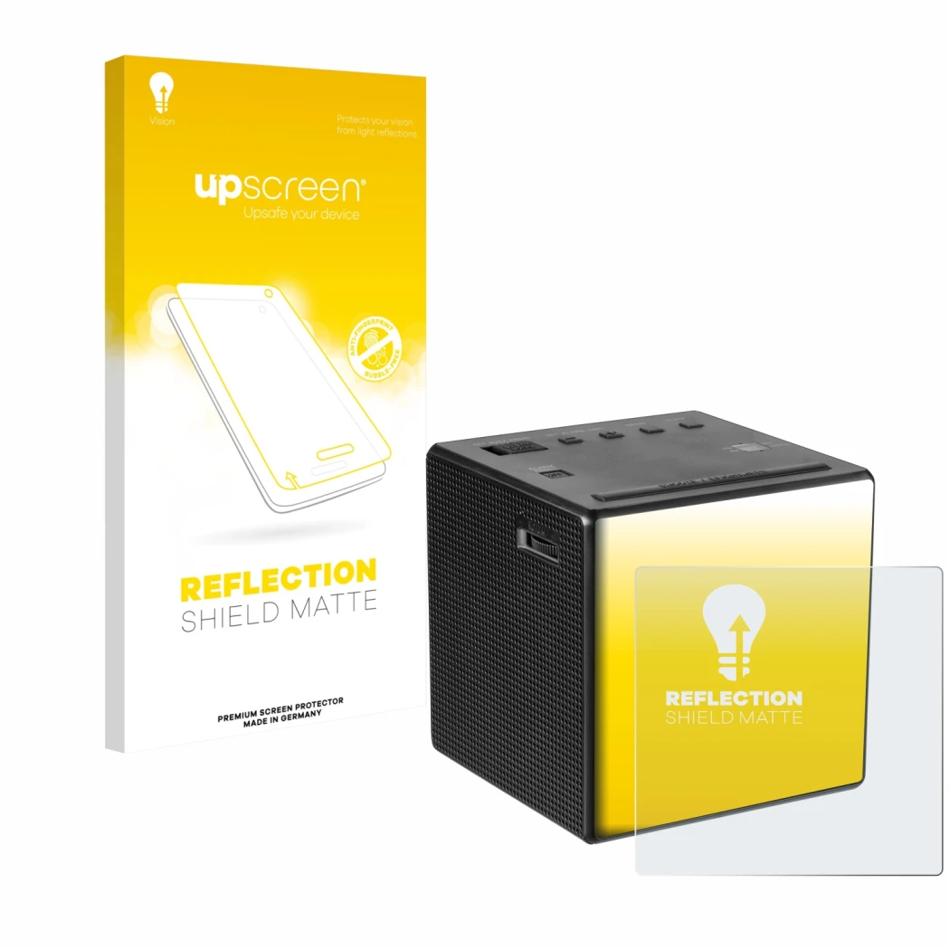 Face avant d’un emballage produit avec le logo de la marque upscreen. À côté, l’appareil Sony ICF-C1 est représenté avec la pr