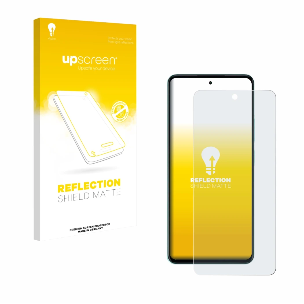 Face avant d’un emballage produit avec le logo de la marque upscreen. À côté, l’appareil Oppo A5 est représenté avec la protec