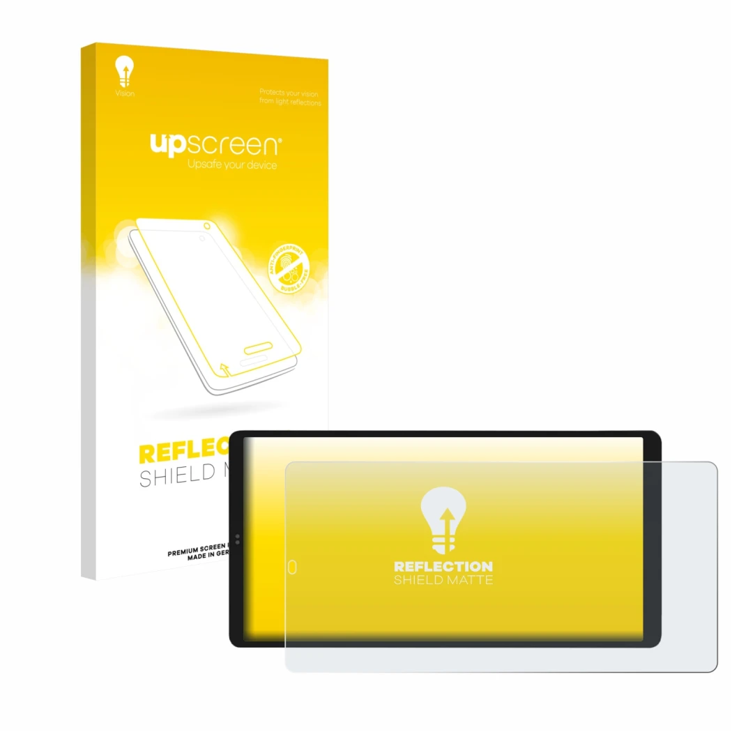 Face avant d’un emballage produit avec le logo de la marque upscreen. À côté, l’appareil Shelly Wall Display X2i est représent