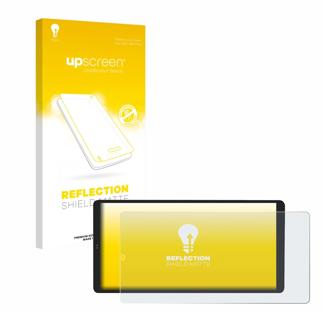 Face avant d’un emballage produit avec le logo de la marque upscreen. À côté, l’appareil Shelly Wall Display X2 est représenté